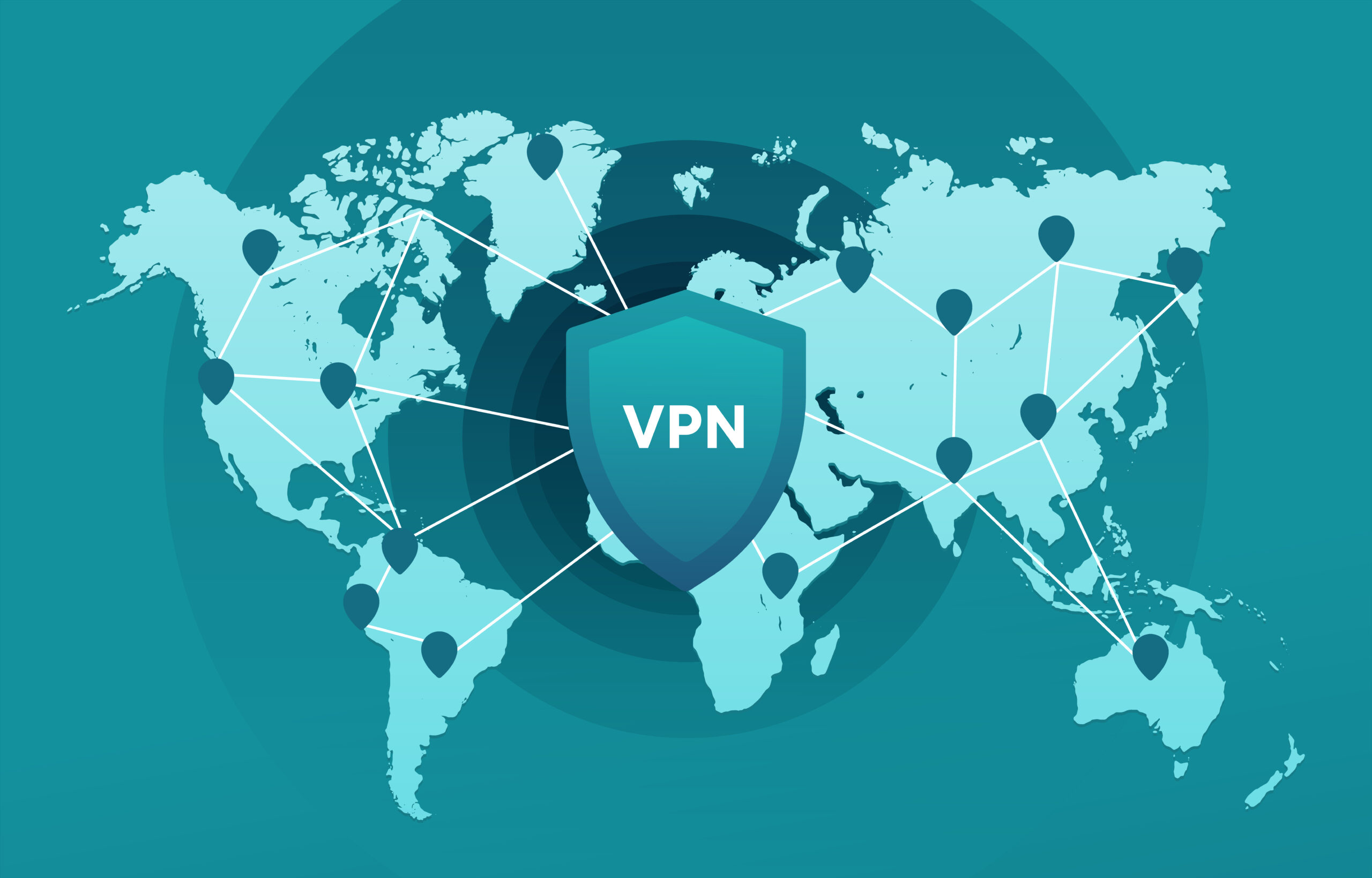  A map of the world with a VPN shield in the center and lines connecting the shield to various locations around the world, representing the secure and private connections provided by VPNs for gaming.